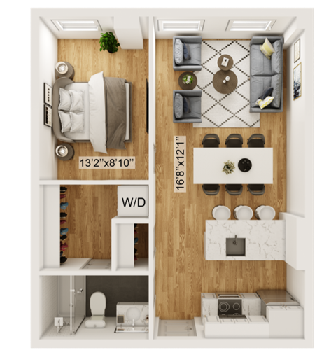 Floor plan for 1 bed, 1 bath, 576 sqft